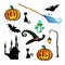 Isolates for Halloween. Blue broom witches, two black cats, a lantern on a crooked stick, a bat, two pumpkins, a green witch hat,