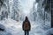 Isolation impact snow covered forest triggers psychological exploration for lone traveler