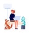 Isolation period. Woman sitting home, working with laptop. Flat style pet owner with dog character. Freelancer or online