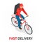 Isomeric fast delivery concept. Delivery man or cyclist in red uniform from delivery company speeding on a bike through