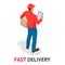 Isomeric fast delivery concept. Delivery man in red uniform