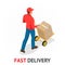 Isomeric fast delivery concept. Delivery man in red uniform