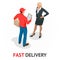 Isomeric fast delivery concept. Delivery man in red uniform holding boxes and documents. Courier order, worldwide