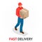 Isomeric fast delivery concept. Delivery man in red uniform holding boxes and documents. Courier order, worldwide