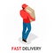 Isomeric fast delivery concept. Delivery man in red uniform holding boxes and documents. Courier order, worldwide