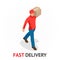 Isomeric fast delivery concept. Delivery man in red uniform holding boxes and documents. Courier order, worldwide