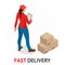 Isomeric Fast and Free Delivery concept. Delivery woman in red uniform holding boxes and documents. Girl from courier