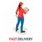 Isomeric Fast and Free Delivery concept. Delivery woman in red uniform holding boxes and documents. Girl from courier