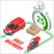 Isomertic Delivery service concept. Fast delivery truck, fast delivery motobike, stopwatch. Vector 3d isometric