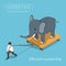 Isometic businessman pull elephant that standing on cart