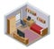 Isometirc modern teenager room interior with comfortable bed. Idea for interior decor. Interior of modern study room for