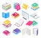 Isometric 3d books. Open and closed school textbooks with bookmarks, book stacks. Academic literature, education