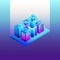 Isometric 3d city in neon ultraviolet colors. Neon buildings, architecture. 3d map of isometry city.
