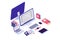 Isometric 3d electronic items with laptop, tablet, notebook, mobile phone and folder.