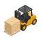 Isometric 3D forklift truck transporting boxes from warehouse. Heavy machinery used in industry