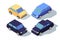 Isometric 3d front view blue and yellow classic sedan car.