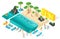 Isometric 3d girl in bathing suits, large set of elements for creating her beach with beautiful sea waves bright summer