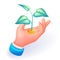 Isometric 3D icon hand of a businessman. Sprout from a gold coin grows on the open palm. Cartoon minimal style. Vector