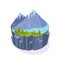 Isometric 3D island game, landscape soil, mountain, grass with trees.