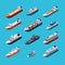 Isometric 3d military and passenger ships, boat and yacht vector sea transportation and shipping icons isolated