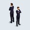 Isometric 3D people, businessman, of a corporate clothing, strict manager, hairstyle. Front view rear view isolated on a light