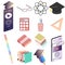 Isometric 3d school education set icons vector illustration. Glasses, atom, graduation cap, calculator, pencil, book, smartphone,