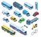 Isometric 3d transport, sedan, bus, ambulance car, truck, bicycle. Public city transport, tram, trolleybus and police