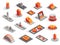 Isometric or 3d various buttons vector set. Isolated icons collection in different from. Levers sliders regulators