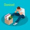 Isometric 3d vector illustration people Dismissed sad man carrying box with her things Dismissal, Unemployment, jobless