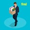 Isometric 3d vector illustration people Dismissed sad man carrying box with her things Dismissal, Unemployment, jobless