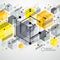 Isometric abstract yellow background with linear dimensional cub