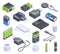 Isometric accumulators, battery, charging plugs and adapters. Electricity power chargers, gadget charging equipment 3d vector