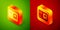 Isometric Action extreme camera icon isolated on green and red background. Video camera equipment for filming extreme