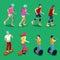 Isometric Active Sporty People on Roller-Skates, Segway and Skateboarding