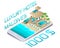 Isometric advertising of the resort on the Maldives smartphone, bright advertising travel concept, of luxurious hotels