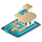 Isometric advertising of the resort on the Maldives smartphone, bright advertising travel concept, search for luxury hotels