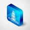 Isometric Agbar tower icon isolated on grey background. Barcelona, Spain. Blue square button. Vector