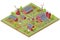 Isometric agricultural farm buildings, windmill barn and silo sheds hay garden beds and tractor. Pulling, pushing