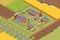 Isometric agricultural farm buildings, windmill barn and silo sheds hay garden beds and tractor. Pulling, pushing