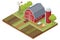 Isometric agricultural farm buildings, windmill barn and silo sheds hay garden beds and tractor. Pulling, pushing