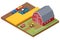 Isometric agricultural farm buildings, windmill barn and silo sheds hay garden beds and tractor. Pulling, pushing