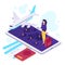Isometric airplane travel. Traveler suitcase, airplane travels and traveling 3d vector illustration