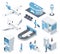 Isometric airport elements, plane, passengers, passport check and terminal. Airport building and baggage claim vector