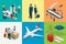Isometric Airport Travel and transport Icons. Isolated people, airport terminal, airplane, traveler man and woman