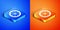 Isometric Alloy wheel for a car icon isolated on blue and orange background. Square button. Vector