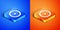 Isometric Alloy wheel for a car icon isolated on blue and orange background. Square button. Vector