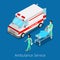 Isometric Ambulance Service with Emergency Car, Nurse Doctor and Patient