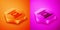 Isometric Ancient magic scroll with alchemy recipes and mystic spells and enchantments icon isolated on orange and pink