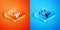 Isometric Animal volunteer icon isolated on orange and blue background. Animal care concept. Vector