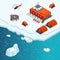Isometric Antarctica station or polar station with buildings, meteorological research measurement tower, vehicles